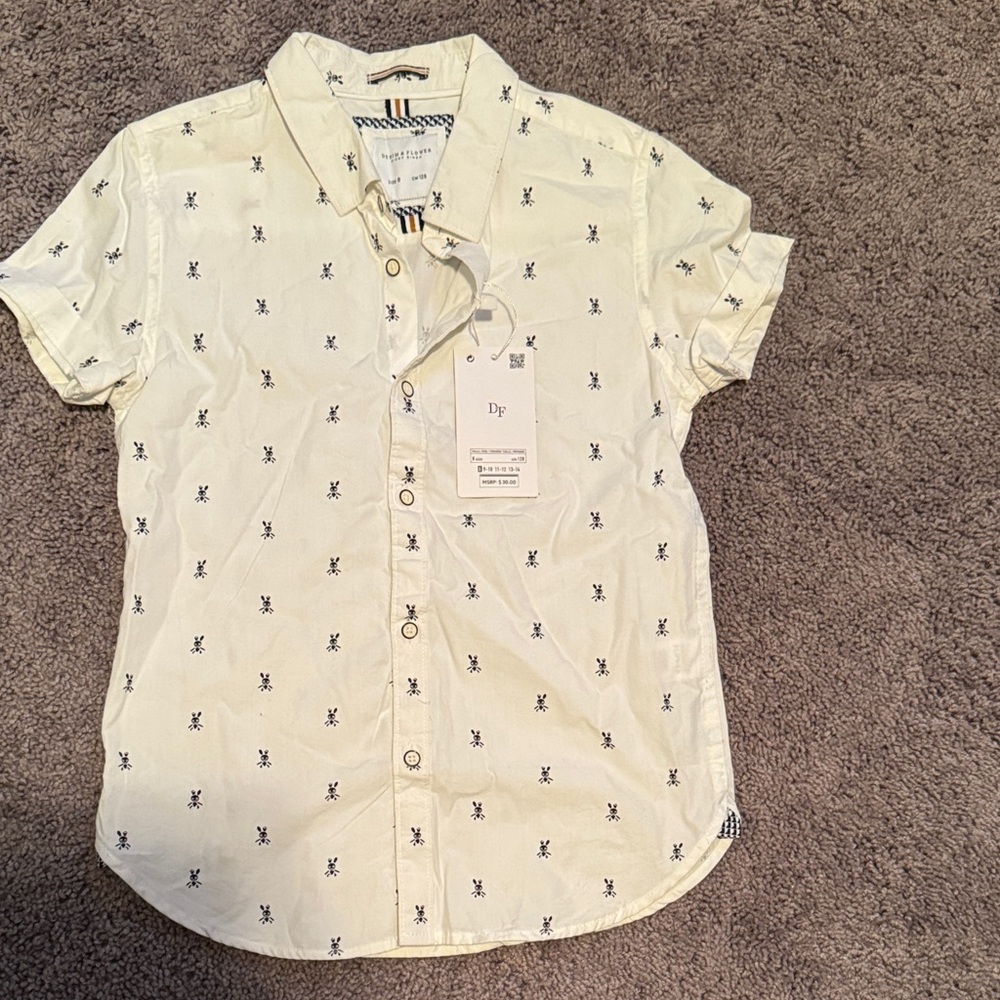 Denim & Flower Cream Button Down Shirt with Navy Accents